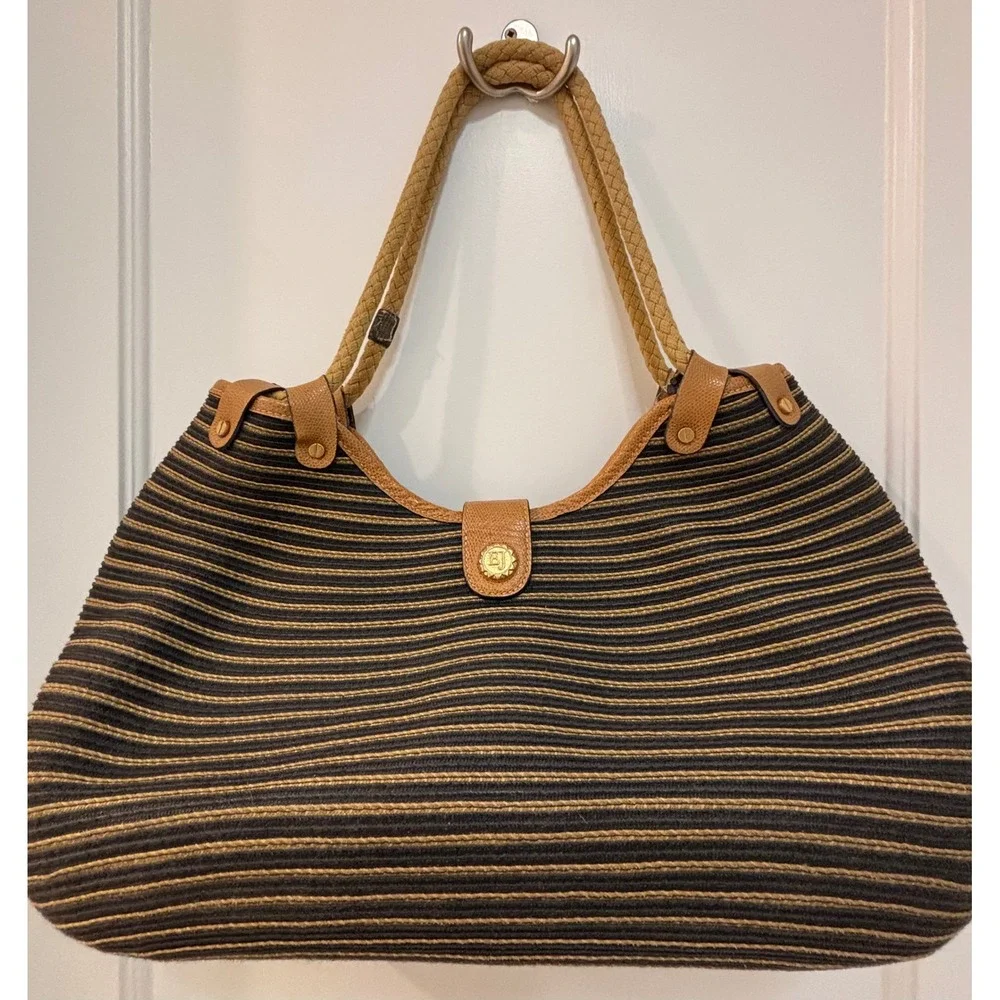 Eric Javits New York Squishee Striped Hobo Bag Black Gold Tan Leather Trim